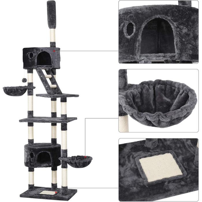 Кігтеточка Yaheetech XXL з високою конструкцією, 2 будиночки та кошик для кота, сизаль, регульована висота 228-255 см, сіро-білий колір