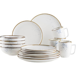 MÄSER Pintar Series, high-quality dining tableware set for 4 people, 16-piece combination service with a light glaze, visual blue speckles, and a fine rim in a vintage handmade look, porcelain dining tableware set blue