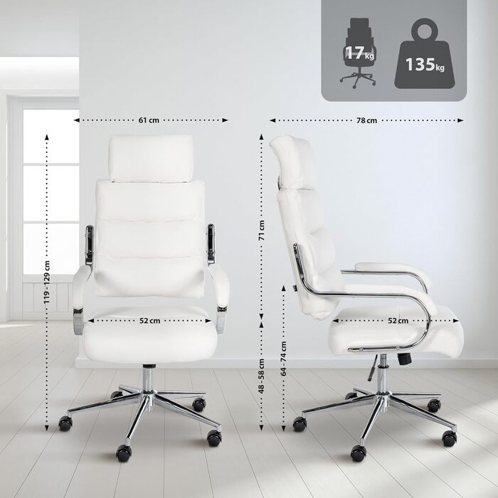 Офісне крісло CLP Campo з штучної шкіри, регульоване по висоті та поворотне, до 135 кг, з підлокітниками, біле