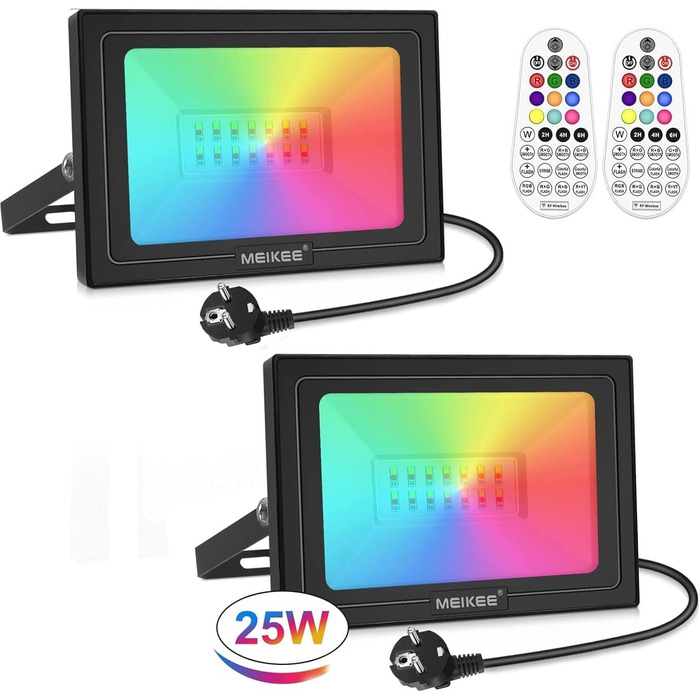 MEIKEE 25W RGB Spotlight with Remote Control, 30 Modes, 10 Colors, Memory Function, RGB Floodlight, IP66 Waterproof, 6 Brightness Levels, Bar, Party, Disco, Celebrations, Stage, Houses, Christmas, Halloween, 2PCS