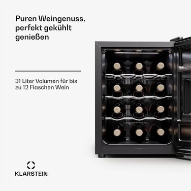 Klarstein Freistehendій виноховильник, 1 зона, 12 пляшок, 5-22°C. Виноховильник з прозорою дверцятами для вина та пива.