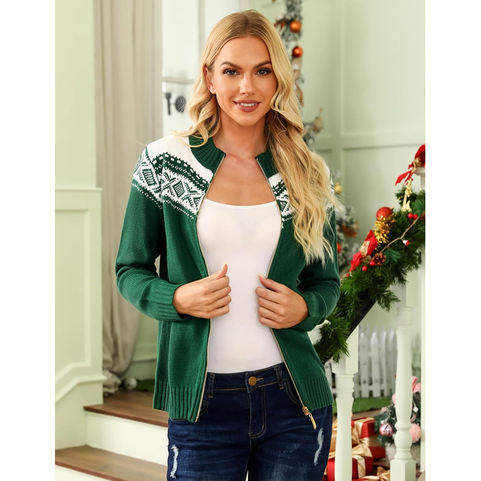 Жіночий святковий кардиган Sykooria з блискавкою та стоячим коміром. Теплий в'язаний светр з довгими рукавами для святкування Різдва. Розмір XL, колір Зелений B