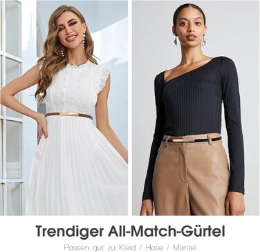 Жіночі тонкі ремені WHIPPY, 2 шт. - регульовані шкіряні пояси з золотистою блискавкою для суконь, 105 см (для талії до 95 см), чорний/коричневий