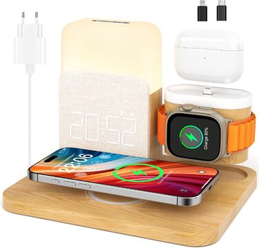 COLSUR 3-in-1 Charging Station for Apple Watch, iPhone, AirPods, 15W Fast Wireless Charger for iPhone 16/15/14/13, Nightstand Lamp with Charging Function, Alarm Clock with Charging Station, Phone Accessories