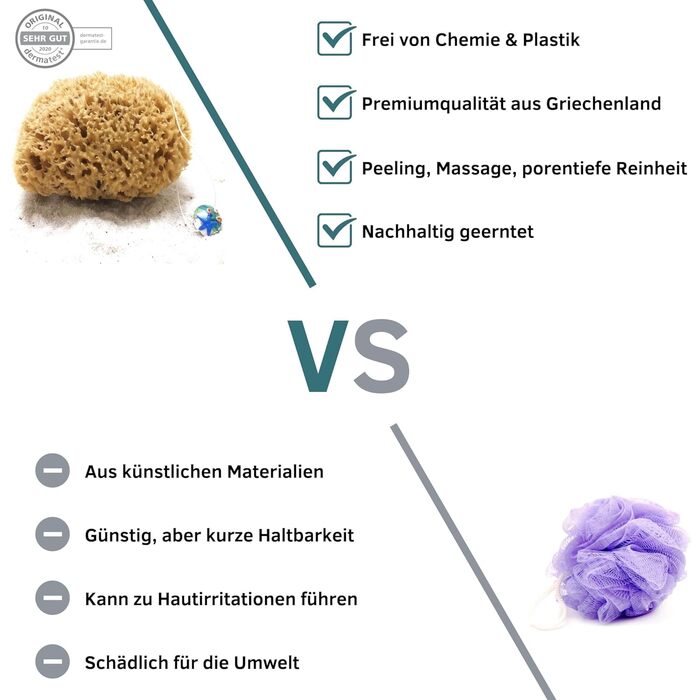 tom&pat Natural Sponge with Cord & Glass Charm - Dermatest: Very Good, Unbleached Bath Sponge Shower Sponge Body, Exfoliating Sponge from Greece, Premium Quality (17-18 cm)