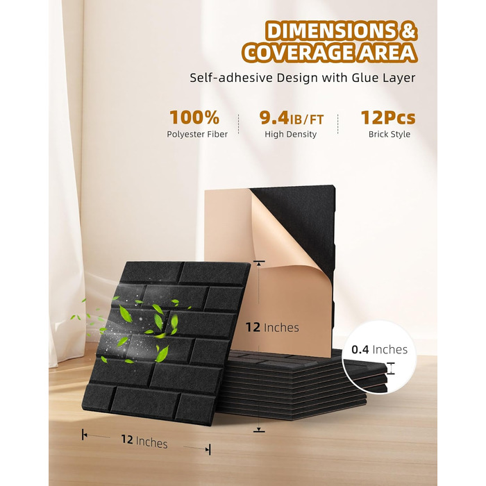 Акустичні панелі Jamelo 3D цегла, самоклеючі панелі для звукоізоляції та декору стін (30x30x0,9 см, чорні, 12 шт.) для студії, спальні та офісу