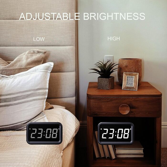 KWANWA Alarm Clock Digital, No Ticking, Battery-Powered Digital Alarm Clock, LCD or LED Display, Snooze Duration, Adjustable Brightness for Deep Sleepers, Children, Adults (Black - White LED)