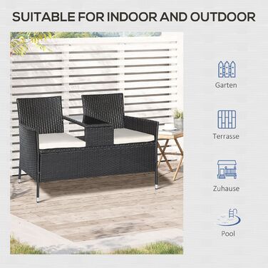 Садова лавка Outsunny з ротангу Polyrattan на 2 особи з журнальним столиком, садове диван-крісло зі сталі чорного кольору, B133 x Ш63 x H84см, стійке до погодних умов та сучасне