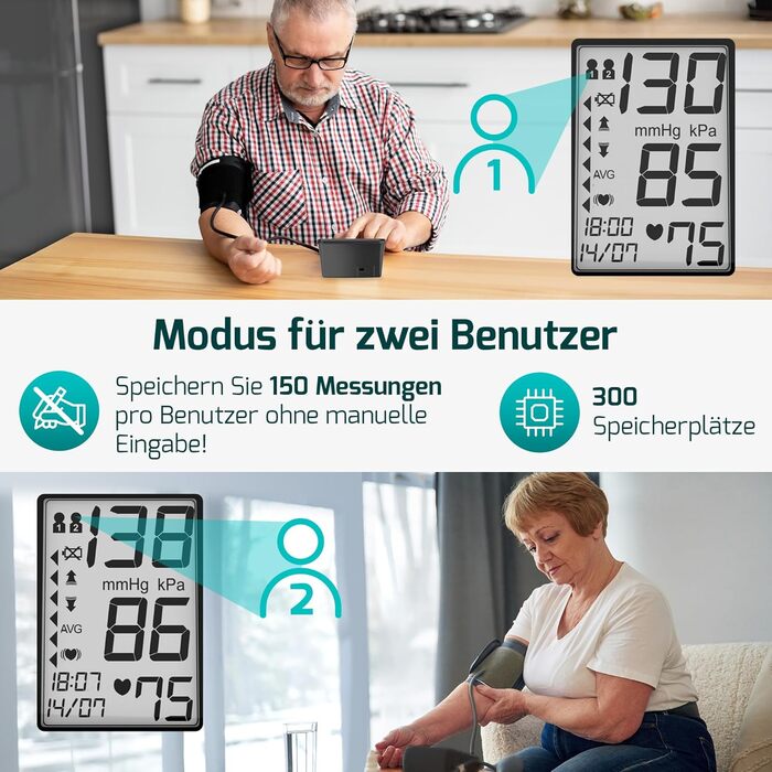 Цифровий тонометр на плече Oberarm з функцією пам'яті, виявлення аритмії та вимірювання пульсу. Підходить для об'ємів плеча 22-42 см. Чорний колір