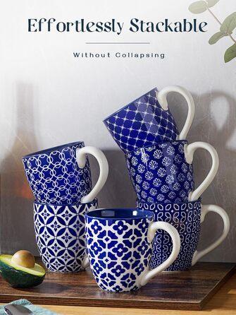 DOWAN Coffee Mug Set, 6 x 560 ml Porcelain Coffee Cups, Large Cups in Chinese Traditional Pattern Style for Coffee, Milk, Tea & Hot Chocolate, Coffee Mug Blue and White