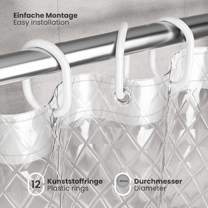 Шторка для душу Ecooe 3D ромби, прозора, 180x200 см, EVA-матеріал, водонепроникна, антигрибкова, з 12 кільцями