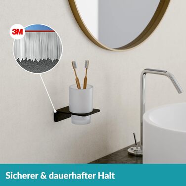 WEISSENSTEIN Toothbrush Holder without Drilling | Cup and Toothbrush Holder for Gluing to the Wall | Stainless Steel Holder and White Glass | in Matte Black