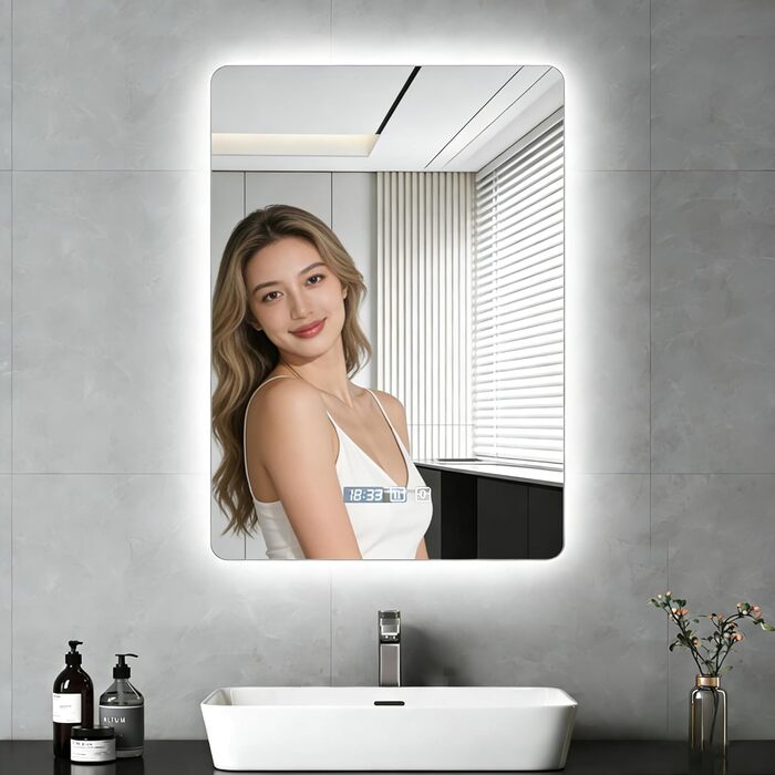 Дзеркало для ванної кімнати Viugreum з підсвічуванням 50x75 см, овальне LED дзеркало для ванної, диммування, 3 кольори світла, проти запотівання, годинник, сенсорна кнопка, дзеркало з LED підсвічуванням для ванної кімнати, вітальні (50x70 см)