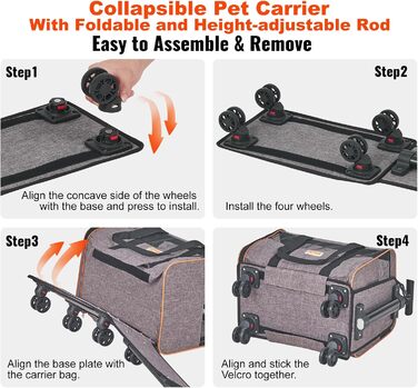 Тролей для собак VEVOR, розкладний рюкзак для собак до 15,8 кг, переноска для тварин з тканини 600D Oxford, 4 колеса, кишені для зберігання, ідеально для подорожей на авто та прогулянок (сірий, 10 кг)