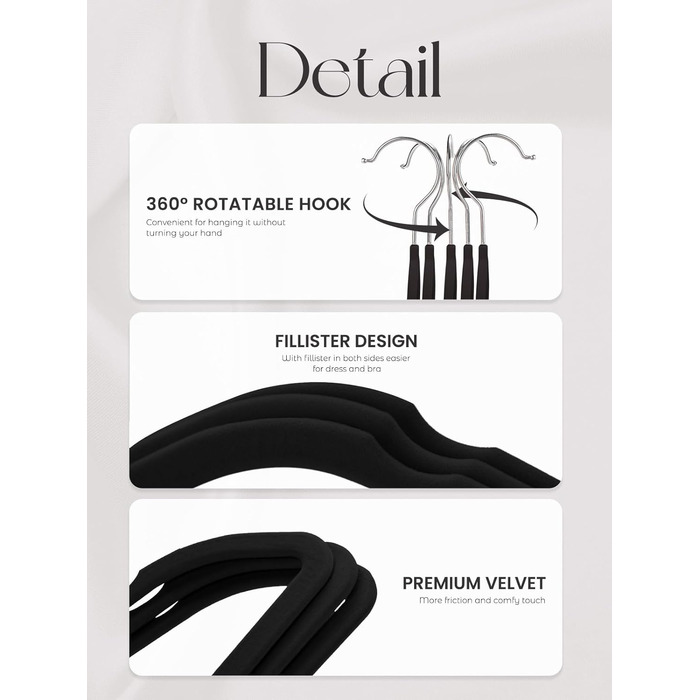 В'язки для одягу з велюру 20 шт. - В'язки для одягу, що економлять місце, для костюмів, тонкі антиковзаючі вішалки для штанів, поворотний гачок на 360°, широкі вішалки для одягу, міцні велюрові вішалки (Чорний)