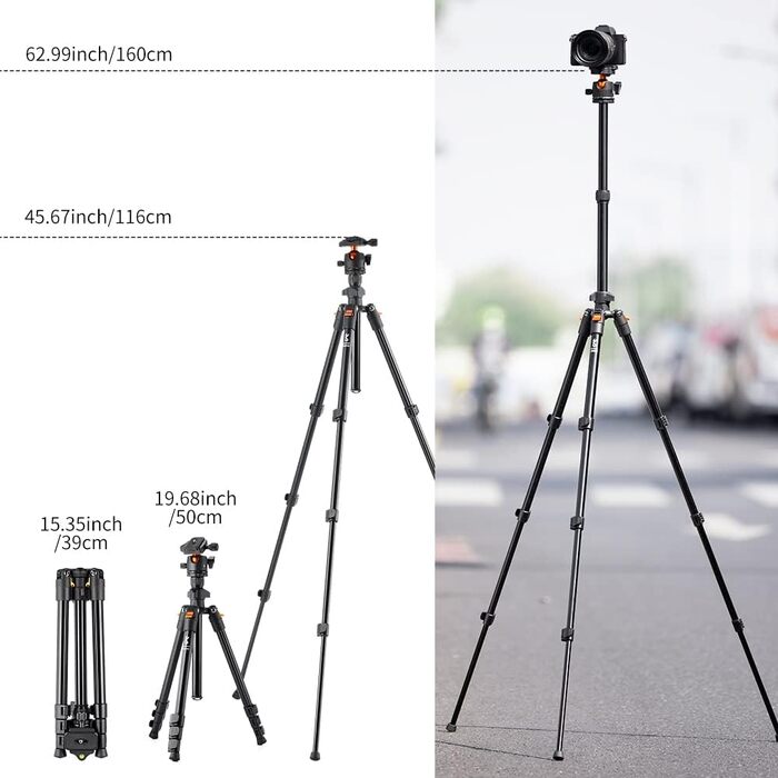 Подорожній штатив для камери K&F Concept 160 см, алюмінієвий трипод для DSLR з панорамною кулею 360° та швидким затискачем