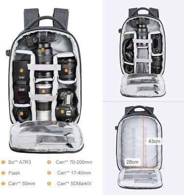 Рюкзак для камери K&F Concept 18L сірий/чорний з відділенням для ноутбука 15.6 дюймів, водонепроникний, для DSLR/штатива/аксесуарів
