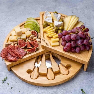 Bamboo Cheese Board with Cheese Knife Set – 37cm Round Wooden Serving Platter for Cheese and Appetizers – Rotating Cheese Board – Cheese Board Charcuterie Board – Gift Idea