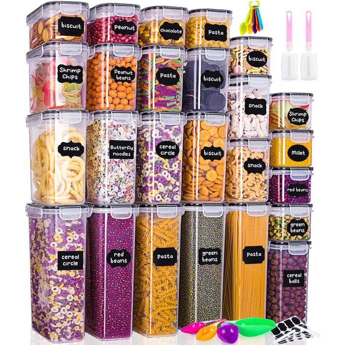 Набір контейнерів для зберігання Heucheey 25 шт. - Органайзер для кухні, контейнери для продуктів з кришкою, набір для зберігання з мірною ложкою, маркувальником, наклейками, щіткою