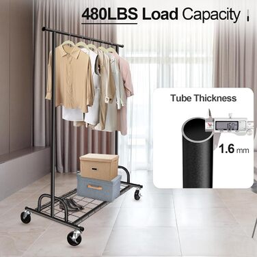 Heavy-Duty Clothes Rack, SPECILITE 2-in-1 Clothes Rack Stable with Wheels and Shelves, Load Capacity 217 KG, Adjustable Metal Heavy-Duty Garment Rack on Wheels (Black)