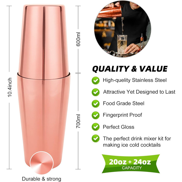 Набір для коктейлів 23 предмети Boston з нержавіючої сталі, золотий, з акриловою підставкою, рецептами та 4 каменями для віскі - професійний барний набір для дому та вечірок