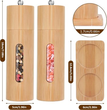 BOCHION Salt and Pepper Grinder Set of 2, Spice Grinder with Transparent Window and Coaster, Large Wooden Salt and Pepper Grinder with Manually Adjustable Ceramic Grinding Core, for BBQ, Restaurant, Kitchen, 18 cm