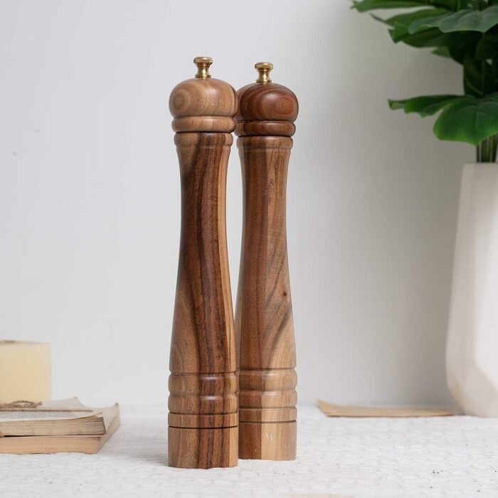 DeroTeno Salt and Pepper Grinder Set, Pepper Grinder with Stainless Steel Grinder, Salt Grinder with Ceramic Grinder, Acacia Wood, H 30 cm
