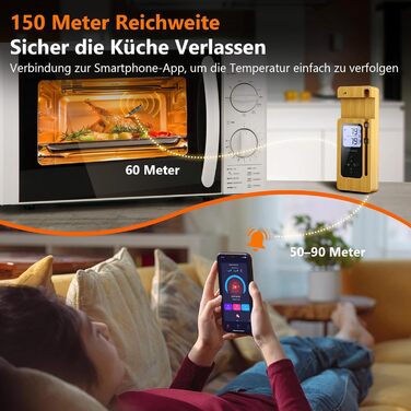 Бездротовий термометр для м'яса AIRMSEN з LCD-дисплеєм, Bluetooth, водонепроникний IPX8, керамічна ручка, додаток для керування, для гриля, духовки та барбекю