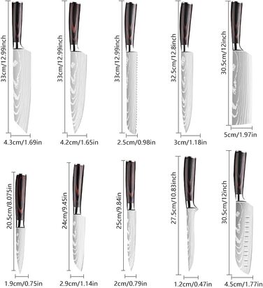 Набір ножів Dfito, 8 предметів: гострі ножі з нержавіючої сталі різних розмірів з зручними ручками. Набір кухонних ножів: гострі, стійкі до корозії, з нековзним покриттям, D8 (10 шт.)