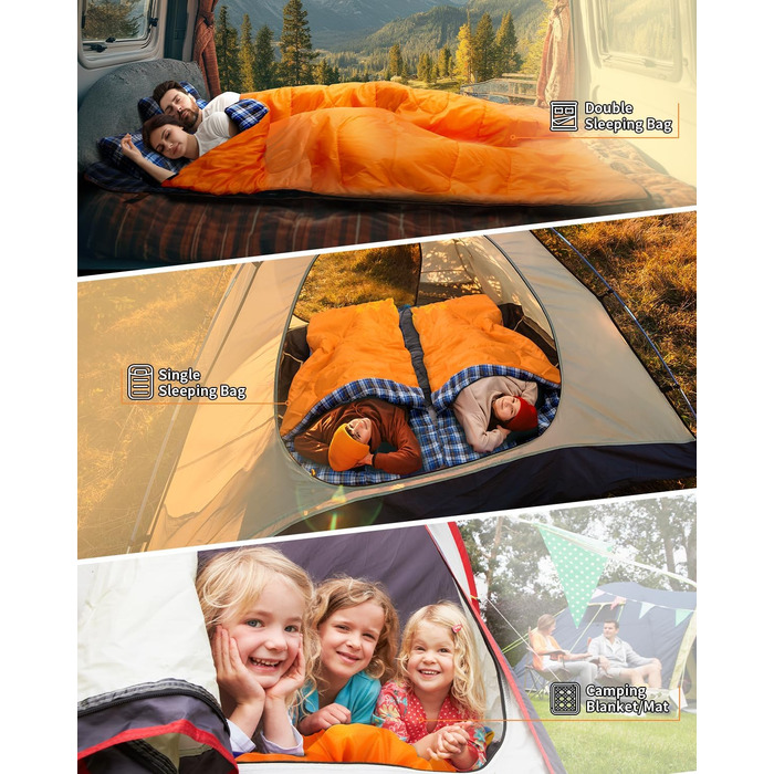 Сплячий мішок Outdoor Sportneer для 2 осіб, 3 сезони, 220x150 см, 2.75 кг, з 2 подушками, для дорослих, оранжевий (без фланелевої підкладки)