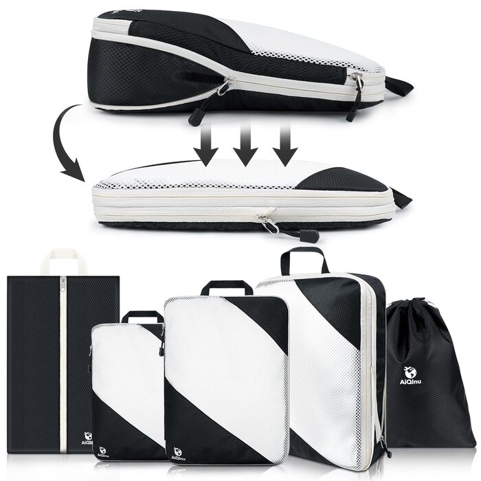 Органайзери для валіз AiQInu, 5 шт. - Набір для пакування з компресійними мішками, мішок для білизни та для взуття. Легкі, розширювані, для ручної поклажі (Чорний)