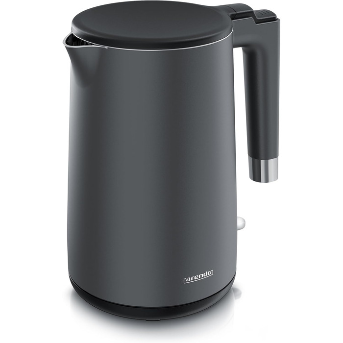 Електричний чайник Arendo з нержавіючої сталі 1.5 л, 2200 Вт, подвійні стінки, 360°, без BPA, захист від перегріву та сухого кипіння, чорний матовий сірий, 1.5 л