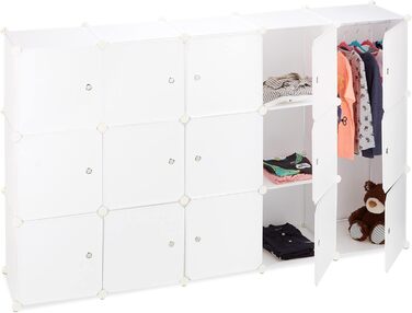 Relaxdays Clothes Rack System with 11 Compartments, Wardrobe with 2 Clothes Rails, DIY Plastic Plug-in Shelf, White