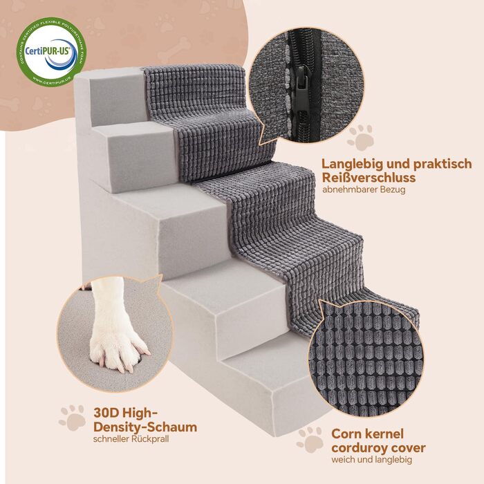 Сходинки для собак Sytopia - 5 сходинок, 57 см, сірий колір, для великих собак, для літніх та поранених тварин, з щільним шаром піни, зручні для доступу до ліжка