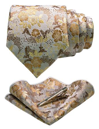 Чоловічий краватка-набір JEMYGINS з квітковим принтом та нагрудною хустинкою, з затискачем для краватки, білий золотий