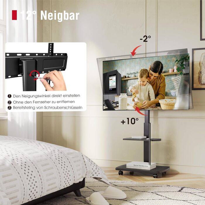 AOKCOS Rolling TV Stand with Wood Shelf - Adjustable Height & Swivel - Fits 32-65 inch TVs (up to 40kg, VESA 400x400mm)