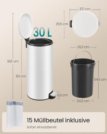 Сміттєвий відер SONGMICS для кухні з кришкою та системою Soft-Close, білий, 30 л
