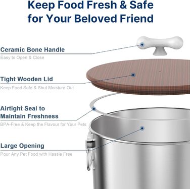 Органайзер для корму для собак 35 lbs з нержавіючої сталі з дерев'яним кришкою та ручкою з кераміки, великий контейнер для корму для собак та котів, зберігає свіжість, легко миється