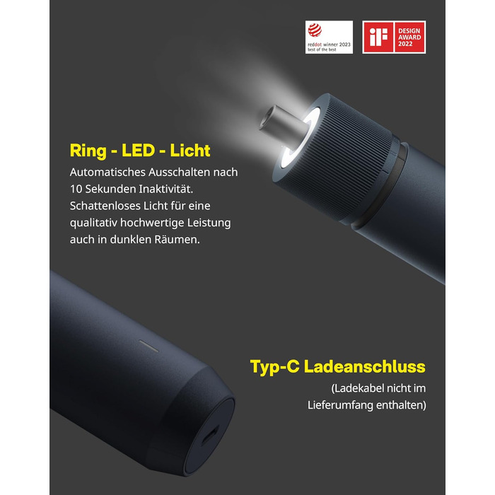 Акумуляторний шуруповерт HOTO з магнітом та 25 бітами, LED-підсвічуванням, 3 рівнями крутного моменту (1.5/3/4 Н.м), акумулятор 1500 мАг, зарядка USB-C, для ремонту меблів та електроприладів