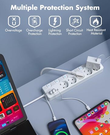 Многорозеткова смуга з 5 розеток та 4 USB-портами швидкої зарядки, KEPLUG, захист від перенапруги, індивідуальне вмикання/вимикання, плоский штекер, настінний монтаж, для офісу, кухні, столу, білий