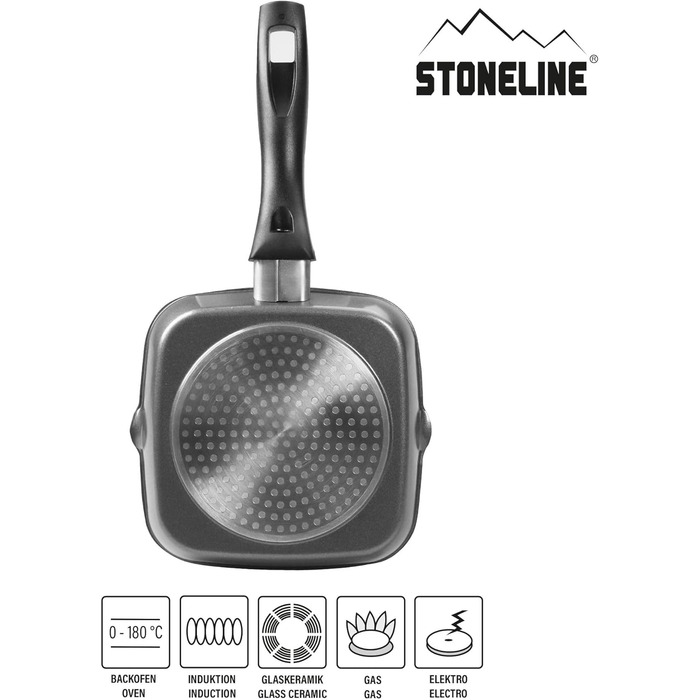 Сковорода-гриль STONELINE 16x16 см, алюмінієва з антипригарним покриттям та кам'яними частинками, для індукції та духовки, квадратна, сіра, для стейків