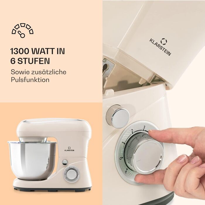 Klarstein Kitchen Machine - 1300W Stand Mixer with 6 Speed Settings, Dough Hook, Whisk & Beater, 5L Bowl, Planetary Mixing System, for Bread Dough & Baking - Cream Color