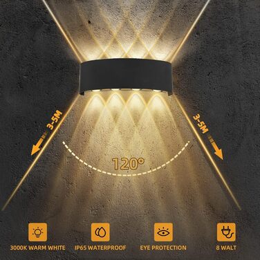 LED настінний світильник Lureshine, 2 шт., 22x8x5 см, чорний, IP65, 3000K, для вітальні