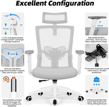 Ергономічне крісло Daccormax для офісу з регульованою підголівником, підлокітниками та підтримкою попереку. Офісне крісло, поворотне, з функцією гойдання, mesh-сидіння, для спини, до 150 кг (сірий)