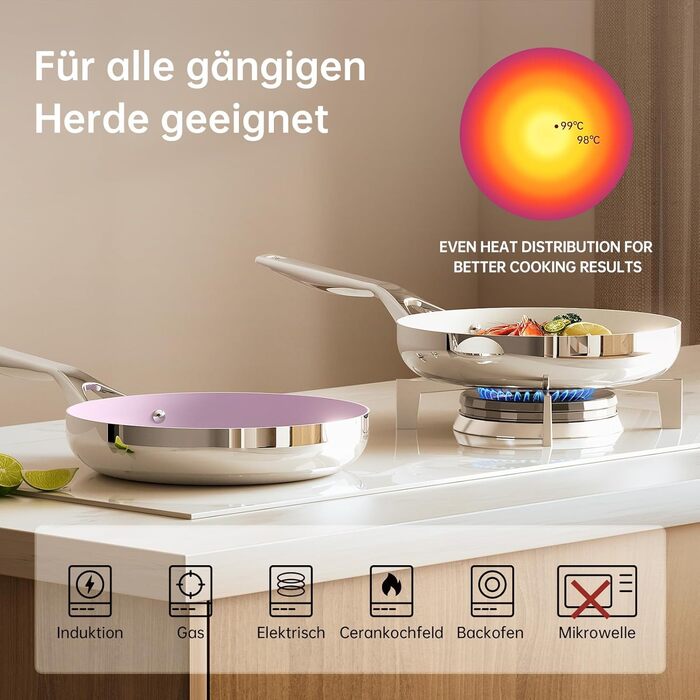 Набір сковорідок з антипригарним керамічним покриттям Tjean (без PTFE, PFOA, PFAS) з нержавіючою ручкою, підходить для індукційних, газових, електричних плит та духовки до 280°C (фіолетовий, 26 см)