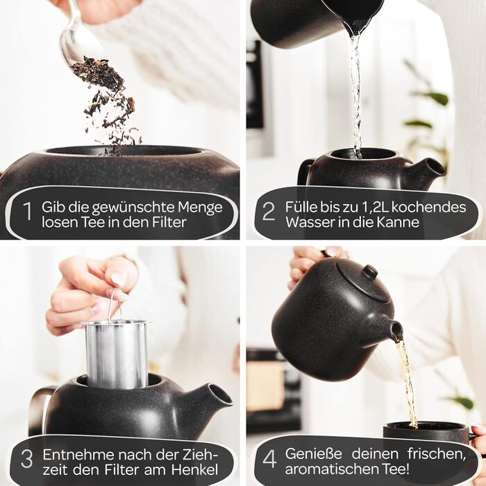 STEINZEIT Design Teapot (1.3L) with 304 Stainless Steel Infuser - Ceramic Teapot with Unique Glaze with Removable Strainer - Black