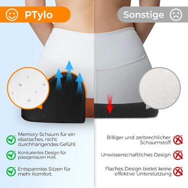 Подушка для сидіння PTYLO - ергономічна подушка для офісних крісел, автокрісел, інвалідних візків, геймінгових крісел, комфортна підтримка при тривалому сидінні, для вагітних, дихаюча, з антиковзаючим покриттям (Чорний)