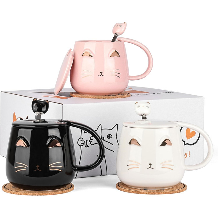 Set of 3 Cat Cups - Cute Ceramic Cat Cups with Lid, Spoon, and Coaster. Cat Coffee Mug for Women, Kids, 380ml. Christmas, Birthday Cat Gift Mug (Black, White, Pink)