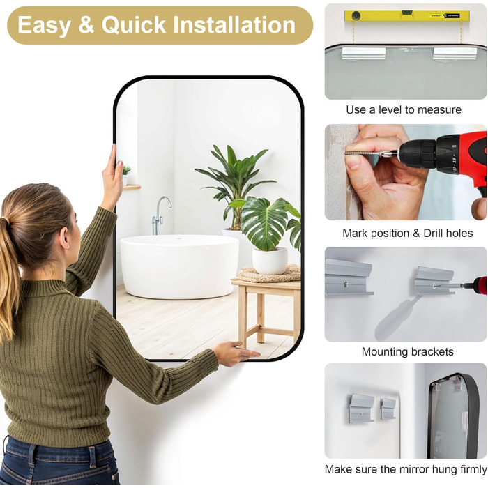 Дзеркало для ванної кімнати на стіну, титан, металевий каркас, з заокругленими кутами, прямокутне, 40,6 x 50,8 см