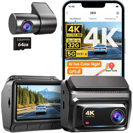 Відеореєстратор DDPAI Z60 4K+1080P, 64GB SD + 32GB eMMC, GPS, 4G LTE, WiFi 6, Нічна зйомка, Паркування 24/7